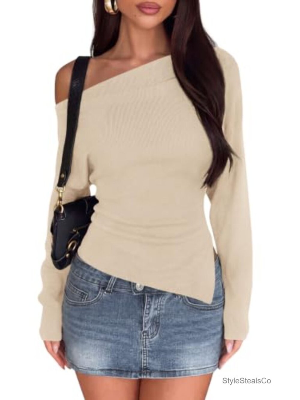 Womens Off Shoulder Long Sleeve Knit Sweater Asymmetrical Hem Pullover